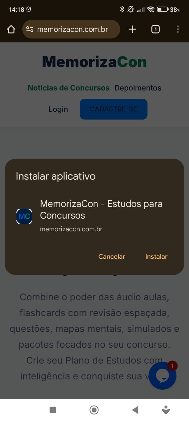 Menu do Chrome com a opção Instalar Aplicativo